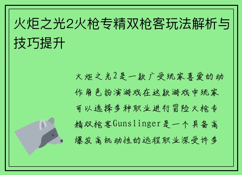 火炬之光2火枪专精双枪客玩法解析与技巧提升
